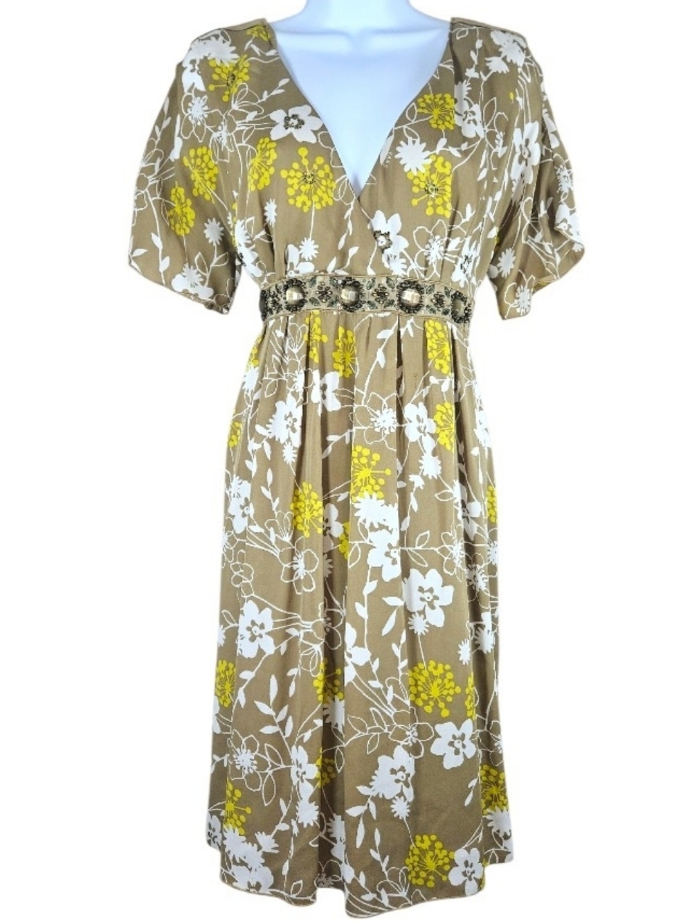 Daks Tan white beaded floral silk A-line dress Womens Large